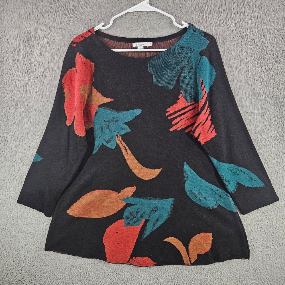 Chicos Womens Size 2 L Black Floral Knit Sweater Top Long Sleeve Cotton Rayon